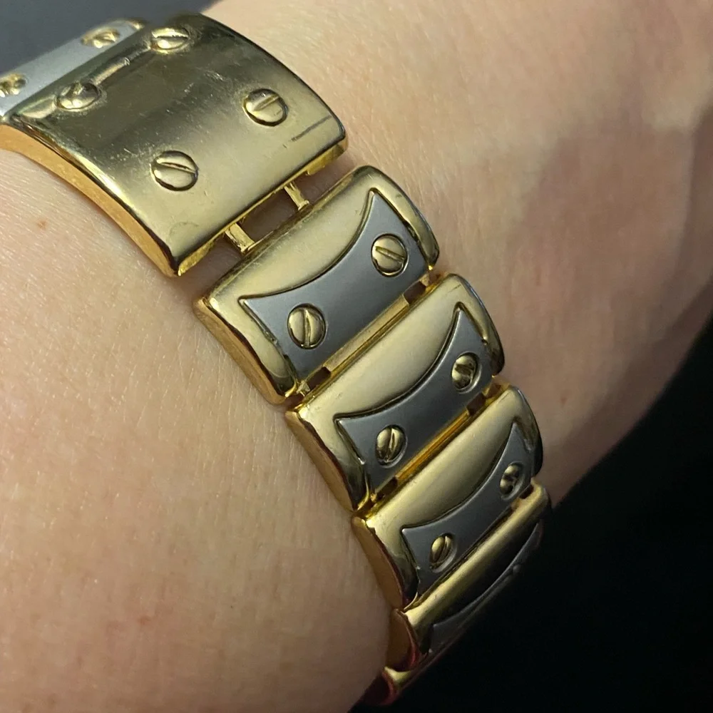 Vintage 80s Gold & Silver Two Tone Screw Head Link Bracelet With Faux Screw Head